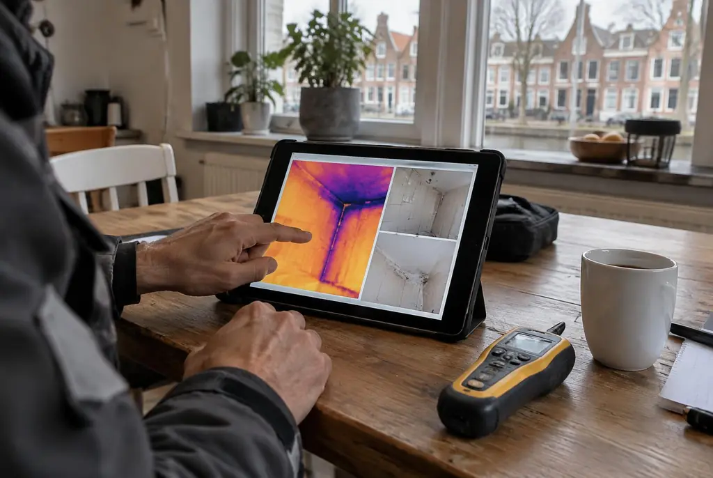 Lekdetectie Krimpen aan den IJssel – lekdetectierapport met warmtebeelden en foto's op een tablet