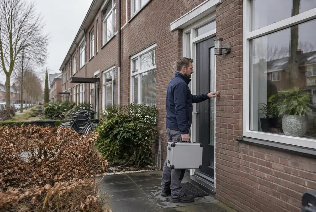 Lekdetectiespecialist met meetkoffer bij de voordeur van een woning in Krimpen aan den IJssel